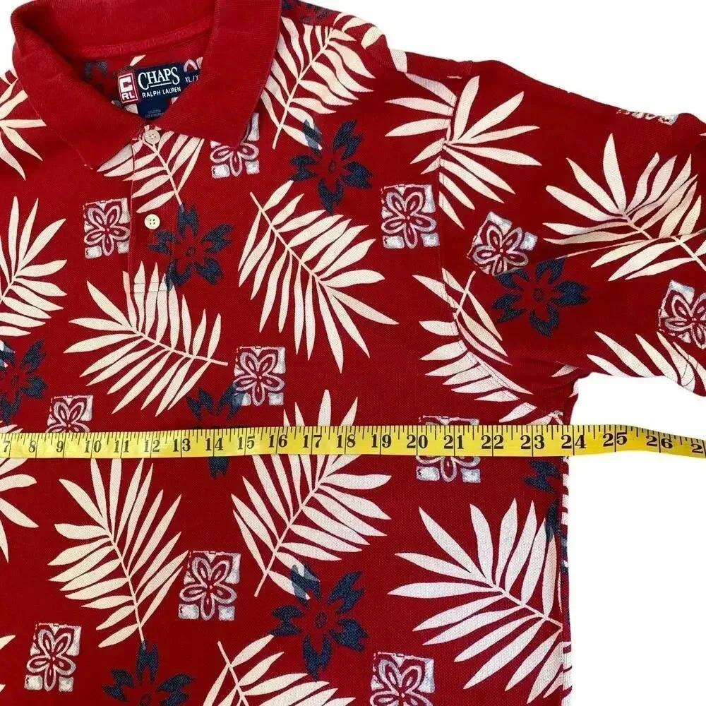 Ralph Lauren Chaps Vintage Hawaiian Short Sleeve Knit Polo Shirt XL Red Cotton